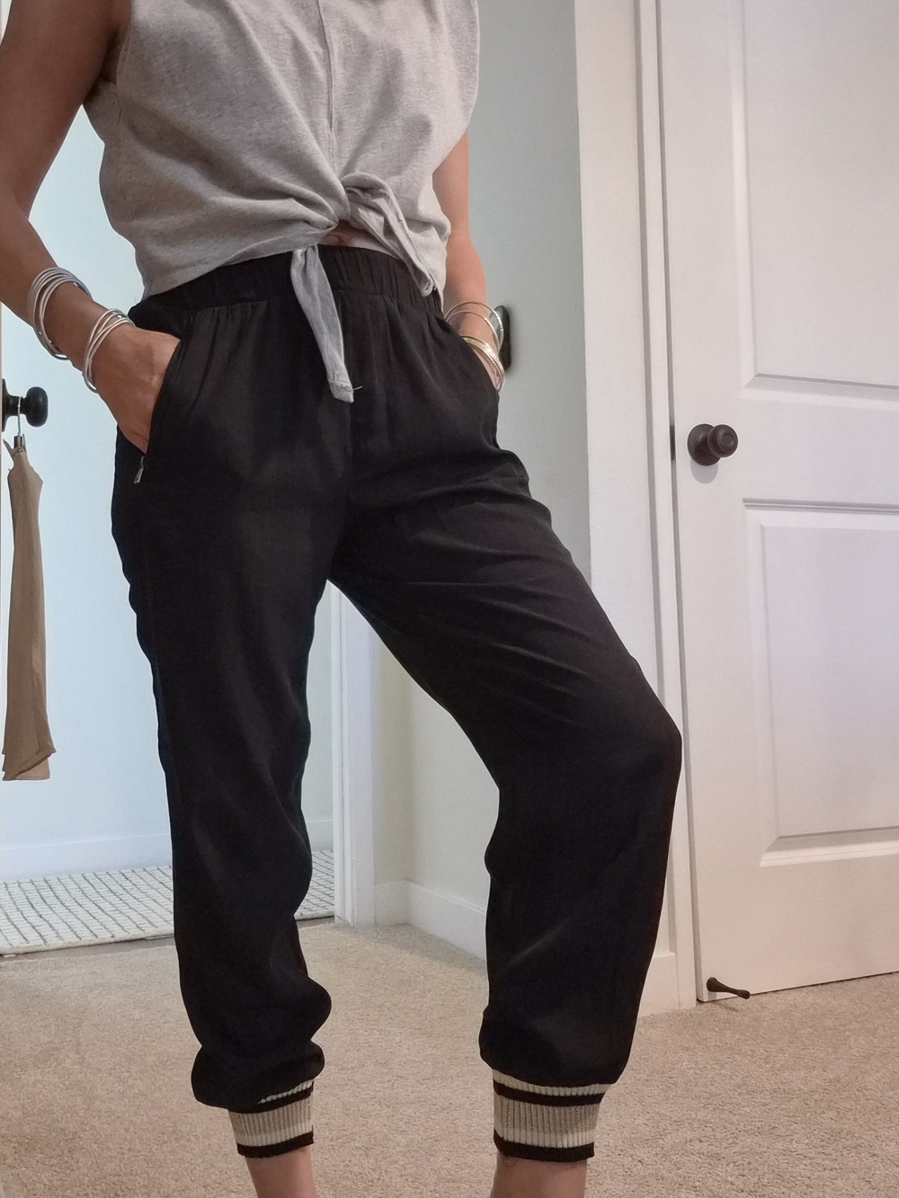 Lola + Sophie Satin Black Jogger Pants for Women - Elastic Waist & Rib Cuff